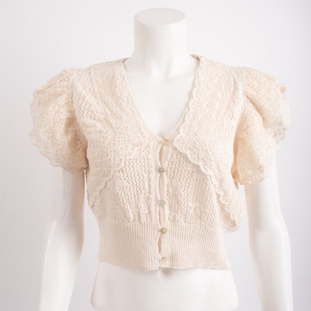 NWT Zara Womens Blouse Crop Top Shirt Pointelle Knit M Beige Ecru Lace